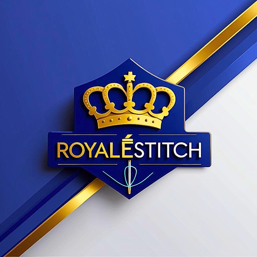 1. Royale Stitch logo displayed on a blue and gold background, showcasing a modern and stylish design. 2. Logo of Royale Stitch set against a blue and gold backdrop, highlighting its contemporary branding. 3. Royale Stitch emblem on a blue and gold background, representing a sleek and fashionable identity.